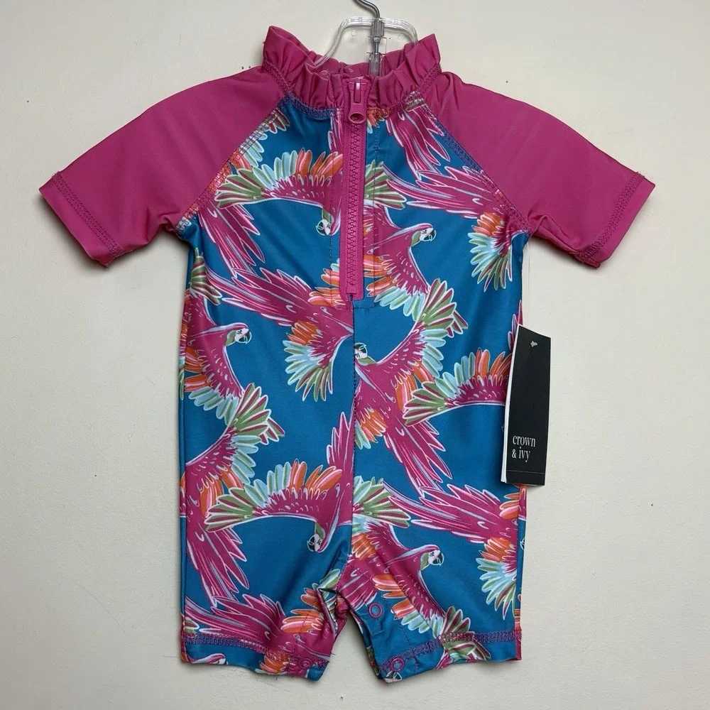 Crown & Ivy Baby 6 M Tropical Parrot One-Piece +50 Sun Suit Beach Pool Swim NWT